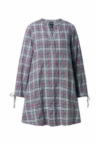 Vestito a quadri grigio con accenti bianchi e rosa, caratterizzato da un colletto rotondo, maniche lunghe con dettagli annodati e una forma A-line ampia.