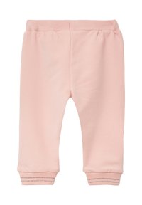 Helle rosa Sweatpants aus einem weichen Stoff mit einem elastischen Bund und schmalen Bündchen, die ein dezentes Streifenmuster aufweisen.