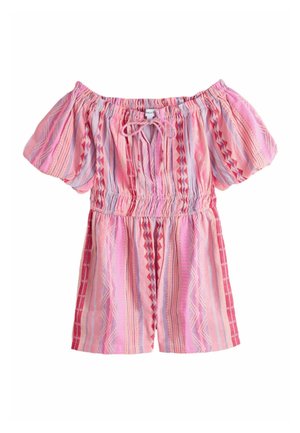 Mädchen-Pinker Off-Shoulder-Spielanzug mit Puffärmeln, elastischem Bund, Frontschleife und vertikalen, gestreiften geometrischen Mustern in Rot- und Lilatönen.