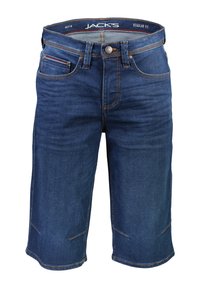 Pantalones cortos de mezclilla azul oscuro con un ajuste regular, que cuentan con cinco bolsillos y costuras en contraste. Diseño distintivo de pernera recta con detalles en el dobladillo.