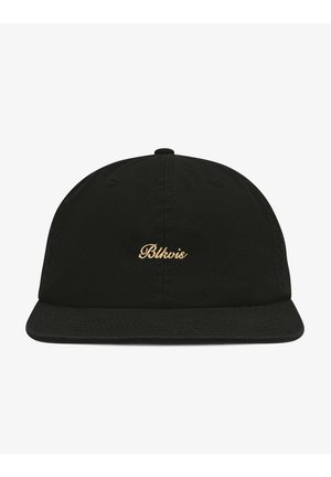 Czarna czapka baseballowa z płaskim daszkiem i małym beżowym haftowanym napisem "Blkvis" na środku przodu.