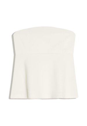 Hvid stropløs crop top med lige udskæring og let vidde ved taljen, vist på en ensfarvet hvid baggrund.