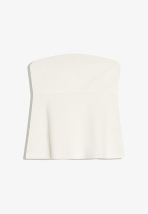 Strapless white crop top with a straight neckline and slight flare at the waist, displayed on a plain white background.