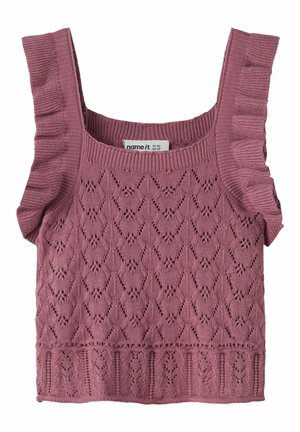 Rosa strikket baby topp med rynkede stropper og diamantformet blonde mønster, størrelse EU 92, US 2T.