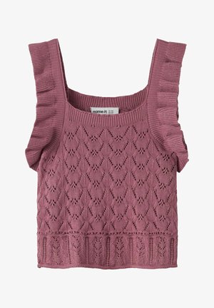 Lyserød strikket tanktop til småbørn med flæse-stropper og diamantformet blonde mønster, størrelse EU 92, US 2T.