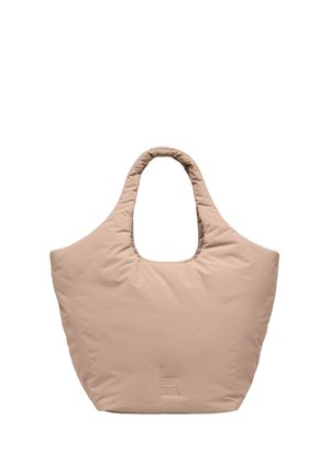 Borsa tote imbottita beige con manici larghi e texture morbida, progettata per un facile trasporto e uno spazio ampio di archiviazione.