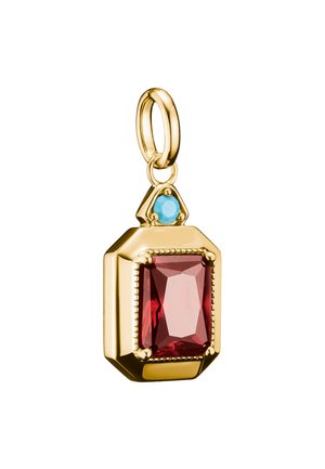 Pendentif en or avec une grande pierre précieuse rouge rectangulaire et une petite pierre précieuse bleue ronde au-dessus, avec une bélière en or pour fixation.