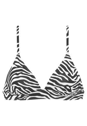 Triangel bikinitop met een zwart-wit zebrapatroon, gemaakt van een soepele stof met dunne verstelbare bandjes en naadloze randen.