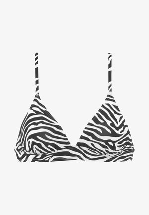 Dreieckiger Bikini-Oberteil mit einem schwarz-weißen Zebra-Streifenmuster, aus glattem Stoff mit dünnen verstellbaren Trägern und nahtlosen Kanten.