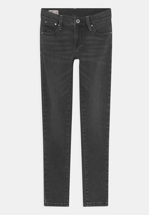 Jean skinny noir avec cinq poches, fermeture par boutons et détails délavés le long des jambes.