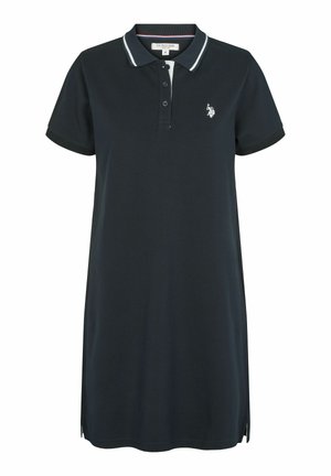 Marine polo jurk van zachte katoen met korte mouwen, een kraag, een drie-knopen sluiting en witte accenten aan de zijkanten. Voorzien van een klein logo op de borst.