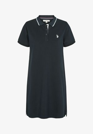 Navy polo dress in soft cotton with short sleeves, a collar, three-button placket, and white side accents. Features a small logo on the chest.