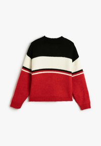 Strickpullover mit Rundhalsausschnitt, mit horizontalen Streifen in Schwarz, Weiß und Rot. Weicher Stoff und lässige Passform.