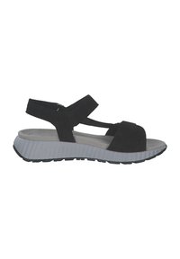 Zwarte sandalen met zachte banden en een grijze textuurohle. Heeft een dikke, geribbelde buitenzool en een open teenontwerp voor ademend vermogen.