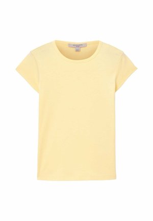 Camiseta de manga corta con cuello redondo en suave tela de algodón color amarillo limón. Presenta un corte relajado y bordes limpios. Sin patrones ni gráficos visibles.