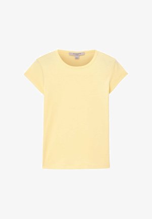 T-shirt a maniche corte e girocollo in morbido cotone giallo limone. Caratterizzata da una vestibilità comoda e bordi definiti. Nessuna trama o grafica visibile.