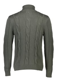 Maglione a trecce di colore verde oliva, con colletto alto, polsini e orlo a coste, caratterizzato da un design testurizzato che si sviluppa verticalmente lungo il tessuto.