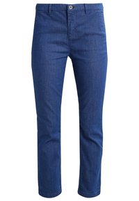 Blue slim-fit pants with button and zipper closure, belt loops, and a smooth texture on a white background.