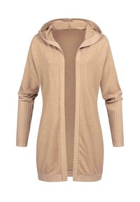 Beige hoodie vest met lange mouwen. Zacht gebreid materiaal, geribbelde textuur op de mouwen en de zoom, open voorkant zonder sluitingen.