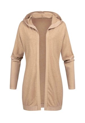 Cardigan à capuche beige avec des manches longues. Matériau tricot doux, texture côtelée sur les manches et l'ourlet, design à l'avant ouvert sans fermeture.
