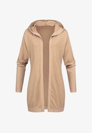 Beige hoodie vest met lange mouwen. Zacht gebreid materiaal, geribbelde textuur op de mouwen en de zoom, open voorkant zonder sluitingen.