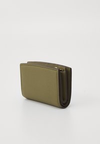 Olive green leather wallet with a textured finish, folded design, and dark brown edges. Features multiple card slots and a compact shape.