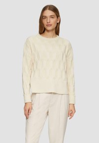 Ecrufarbenes Strickpullover mit strukturiertem Rautenmuster, geripptem Halsausschnitt und Bündchen, mit einem lässigen Saum.