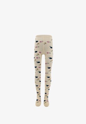 Podkolanówki w jasnym beżu z prążkowaną fakturą, ozdobione kwiatowym wzorem w różowych, granatowych i żółtych akcentach.