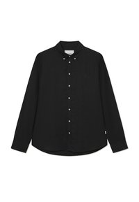 Zwarte lange mouwen shirt van katoen met een button-down kraag, voorste knoopsluiting en een subtiel logo op de linkerborst. Glad textuur.
