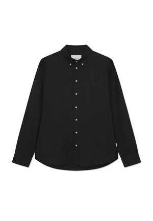 Zwarte lange mouwen shirt van katoen met een button-down kraag, voorste knoopsluiting en een subtiel logo op de linkerborst. Glad textuur.