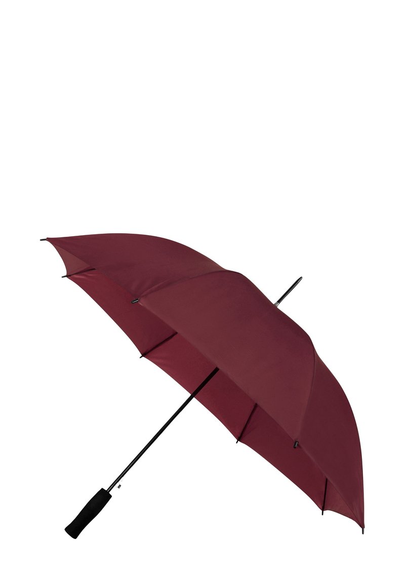 Bordeauxfarbene Regenschirm mit einer glatten Stoffoberfläche, schwarzem Metallrahmen und einem gebogenen schwarzen Griff, ausgestattet mit sechs Speichen für Unterstützung und Stabilität.