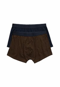 Deux paires de boxers : une bleu marine uni, l'autre marron avec un motif géométrique. Les deux ont une douce ceinture élastique avec une marque.