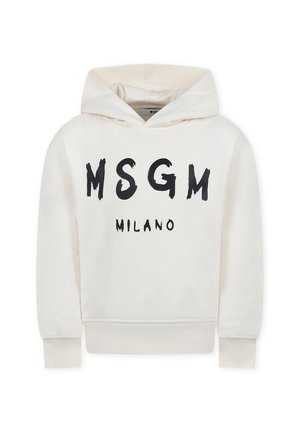 Felpa color crema, in morbido cotone misto, con un logo frontale nero, cappuccio con coulisse e polsini e fondo a coste.