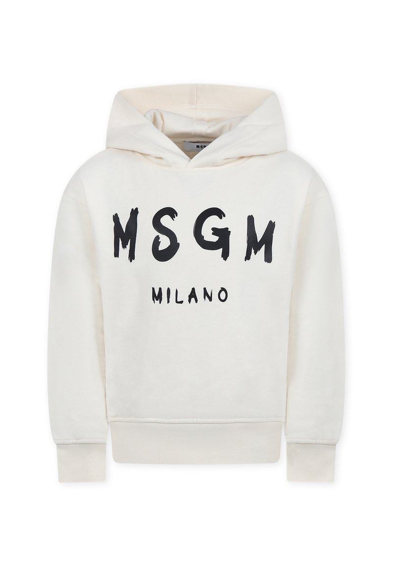 Felpa color crema, in morbido cotone misto, con un logo frontale nero, cappuccio con coulisse e polsini e fondo a coste.