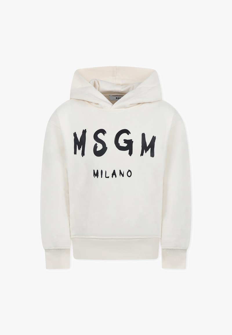 Felpa color crema, in morbido cotone misto, con un logo frontale nero, cappuccio con coulisse e polsini e fondo a coste.