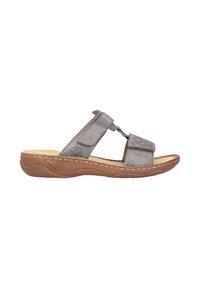 Graue Ledersandale mit verstellbaren Riemen, strukturiertem Design und gepolstertem Fußbett. Verfügt über eine Naturkautschuksohle mit dezenten Rillen.
