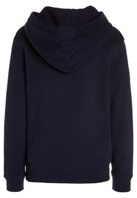 Navy blue hoodie with a soft texture, featuring a large hood, ribbed cuffs, and hem. Simple design, no visible patterns or accents.