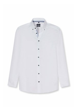 Weißes Hemd mit langen Ärmeln, schwarzen Knöpfen und gemustertem Innenkragen, mit Brusttasche und klassischem Kragen.