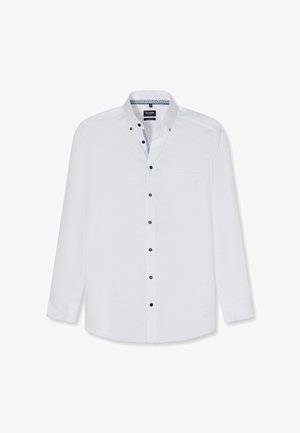 Weißes Hemd mit langen Ärmeln, schwarzen Knöpfen und gemustertem Innenkragen, mit Brusttasche und klassischem Kragen.