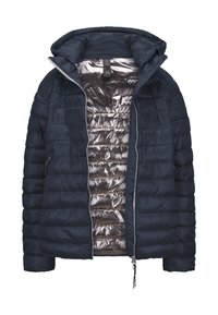 Marinefarbener Pufferjacke mit Kapuze, ausgestattet mit einem glänzenden silbernen Innenfutter, Reißverschluss und Seitentaschen. Strukturierte, gesteppte Außenschale.