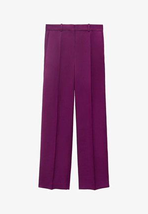 Purple wide-leg trousers made from smooth fabric, featuring a tailored waistband and two front pleats for added structure.
