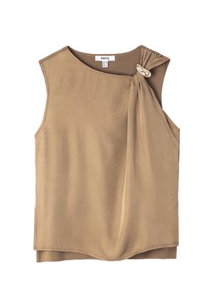Ärmellose Bluse aus softem, beige Stoff, mit einem gerafften Vorderteil und einem goldenen Akzent an der Schulter sowie einem abgerundeten Saum.