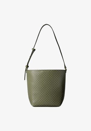 Sac seau vert olive avec bandoulière réglable et motif géométrique subtil de lignes entrelacées.