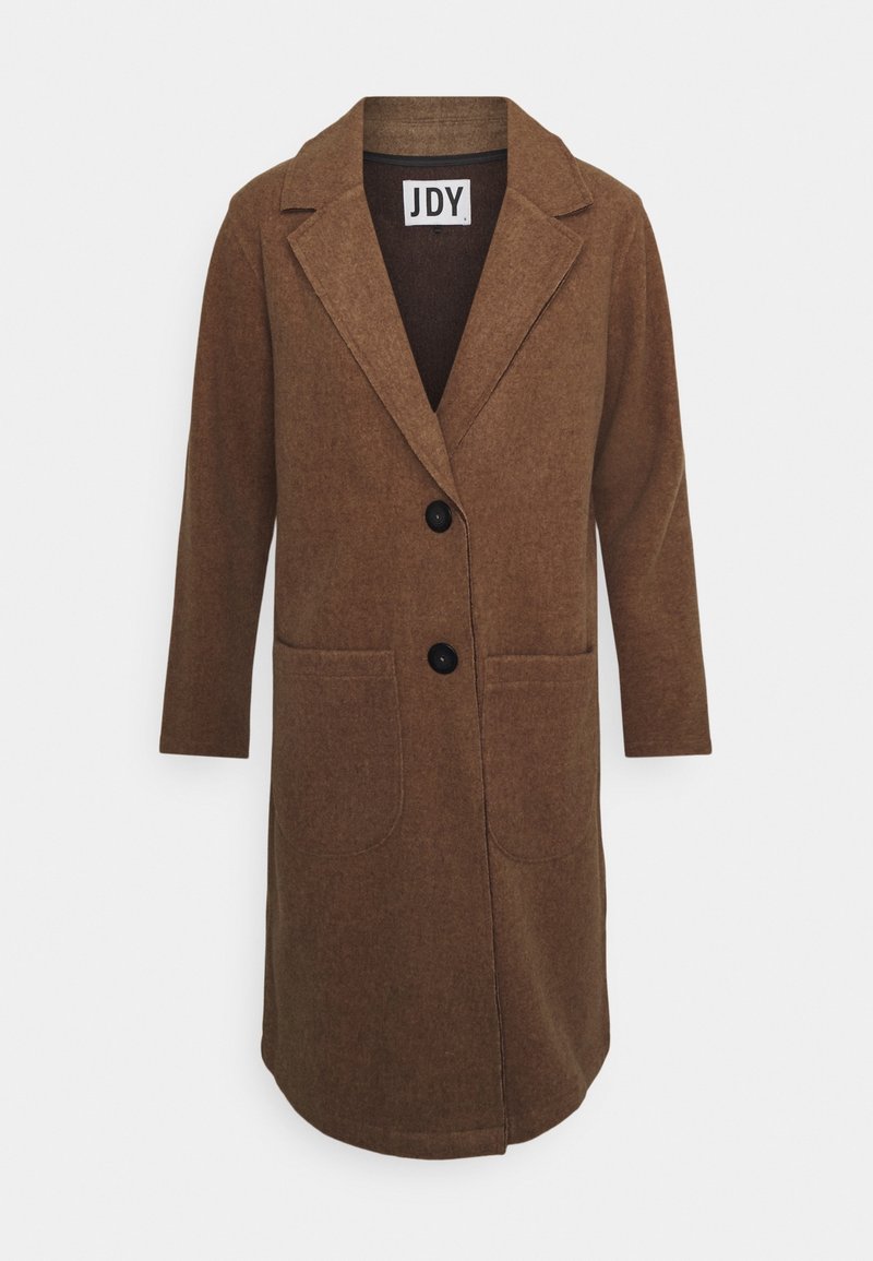 Manteau marron longueur genou avec col à revers cranté, deux boutons noirs et deux poches plaquées devant, présenté sur fond blanc.