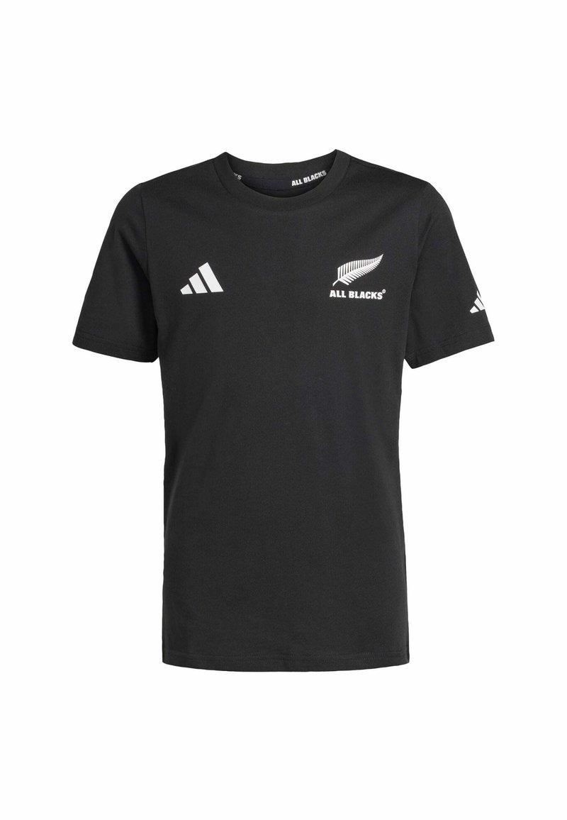 Czarny bawełniany T-shirt z okrągłym dekoltem, krótkimi rękawami oraz białymi nadrukowanymi logo All Blacks i Adidas na piersi i rękawach.