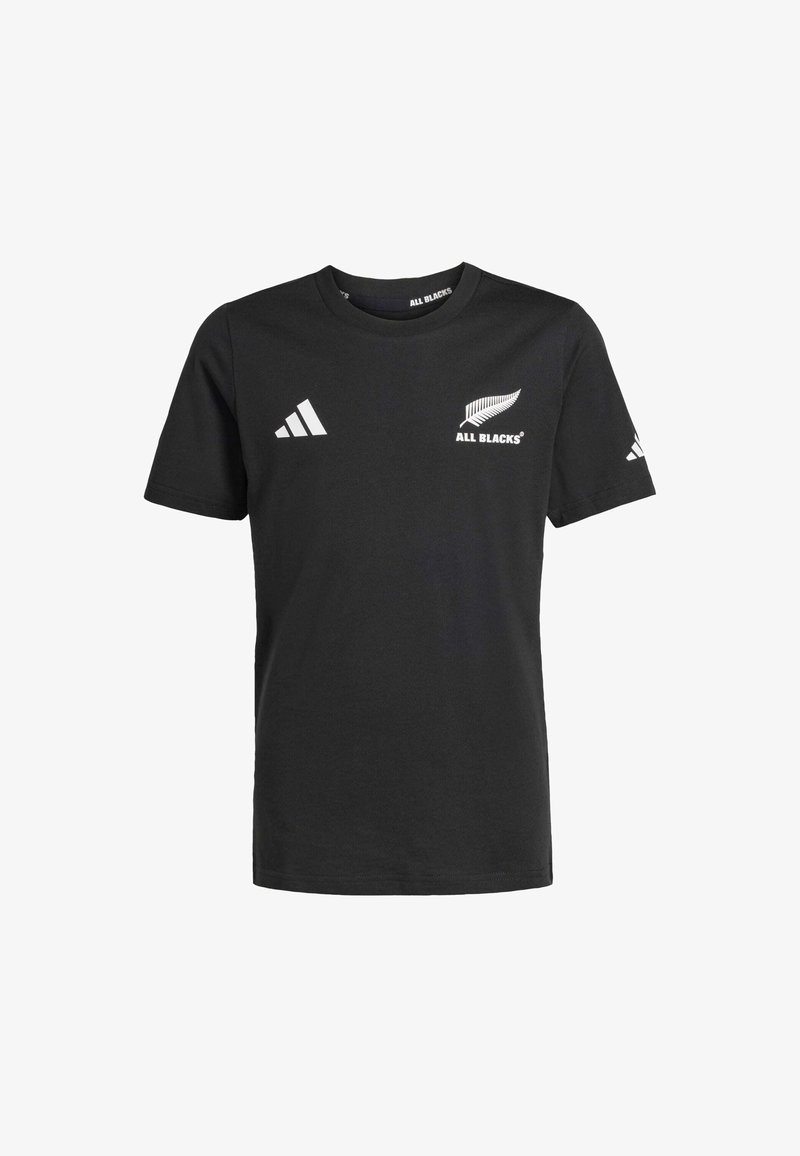 Czarny bawełniany T-shirt z okrągłym dekoltem, krótkimi rękawami oraz białymi nadrukowanymi logo All Blacks i Adidas na piersi i rękawach.