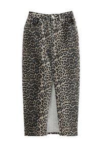 Jeanskjol med leopardmönster, hög midja, en frontslits och fem fickor. Färgskalan inkluderar svarta och bruna nyanser med textilerad tyg.