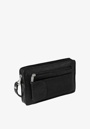 Zwarte leren portemonnee met twee ritssluitingen, één voortas en hardware in zilverkleur. Gladde textuur en rechthoekige vorm.