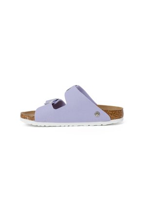 Purple canvas slide sandal with a cork footbed, open design, and white rubber outsole. Features an adjustable strap with metal accents.