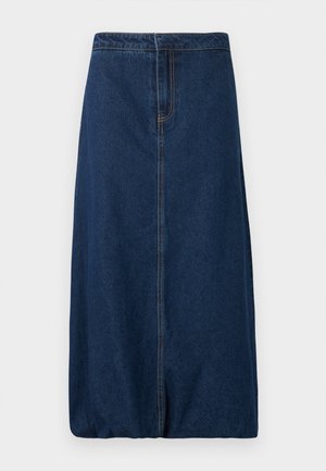 Mørkeblå lige denimnederdel med forreste søm og linning, knælængde, ingen synlige lommer eller knapper, klassisk design.